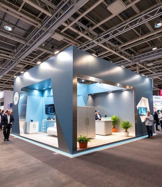 Open exhibition architecture with angular frames and integrated lighting
