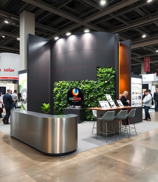 Sculptural metal reception desk, dark architectural walls and integrated greenery